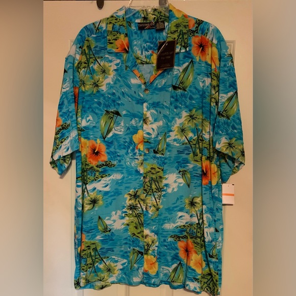 Men’s Hawaiian Island Shirt XL Sailboat Hibiscus Palm Trees Ocean Thumbs Up NWT - Picture 1 of 8